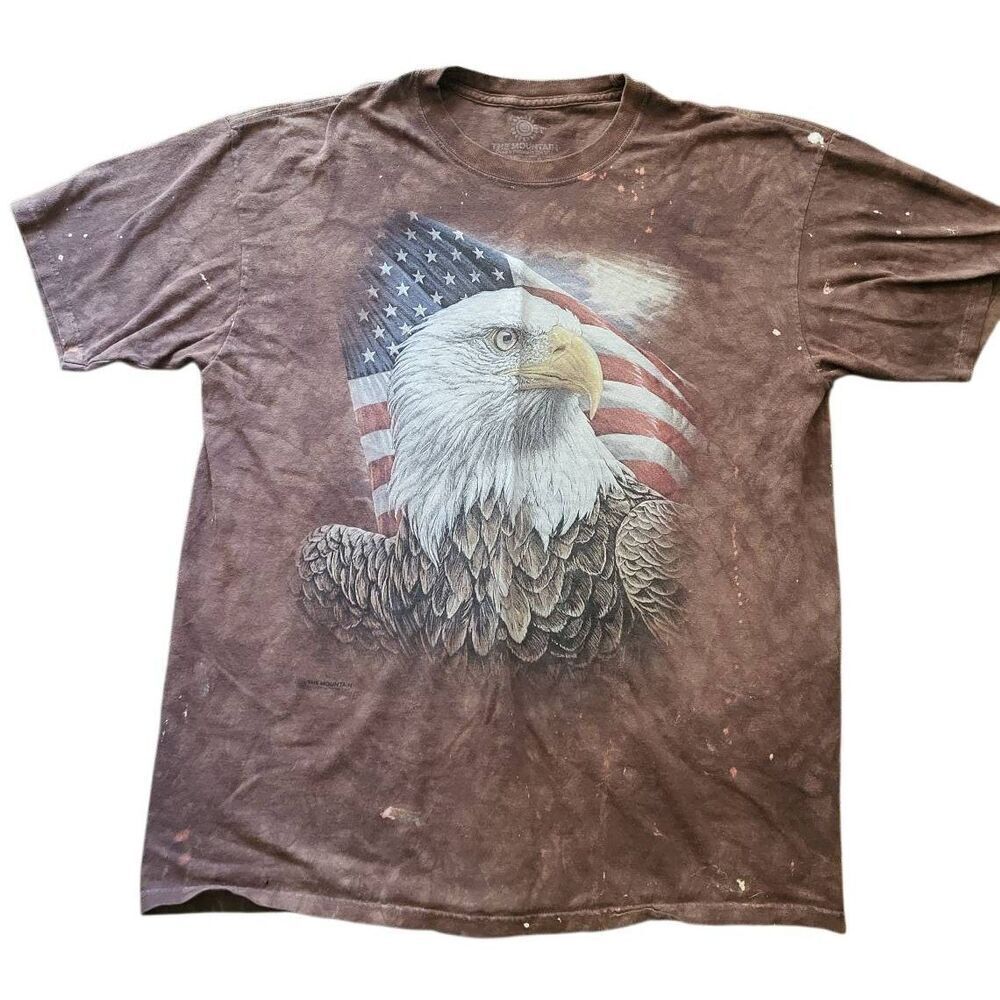 The Mountain T-Shirt Men's Large Brown Tie Die Bleach American Flag Bald Eagle